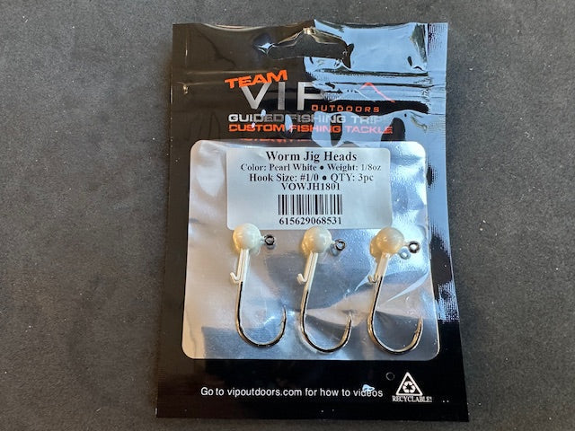 1/8 oz Pearl White Jig Head. 1/0 2x Strong Hook with Worm Keep (3 Pack)